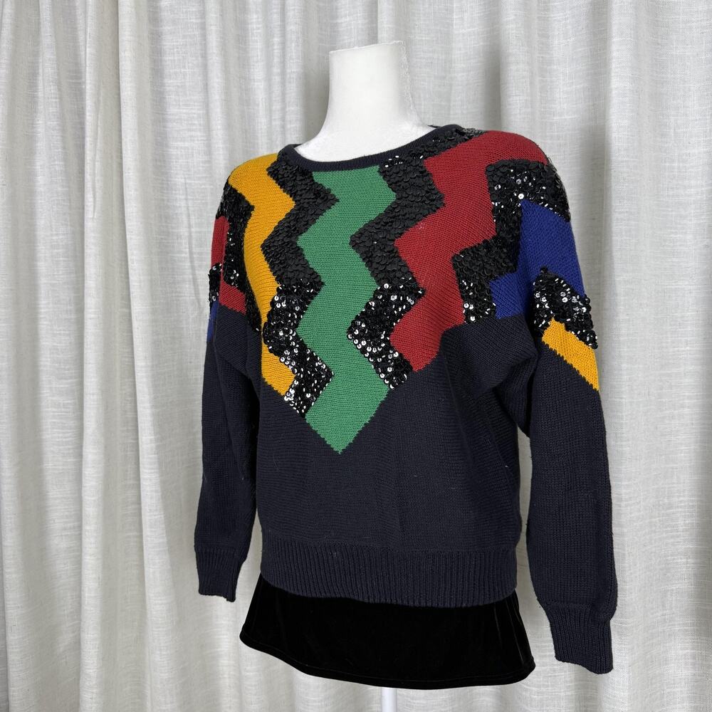 Vintage All Points By Reference Point Sweater Womens Large Multicolor Sequin 80s - Picture 3 of 8
